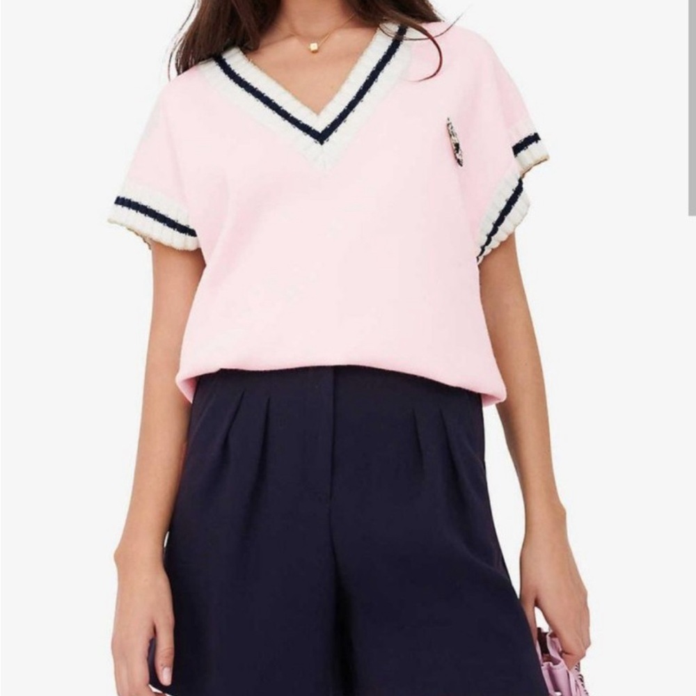 Maje PINK Women's Monette Striped Short Sleeve Edge Sweater Vest US One Size - Picture 3 of 17